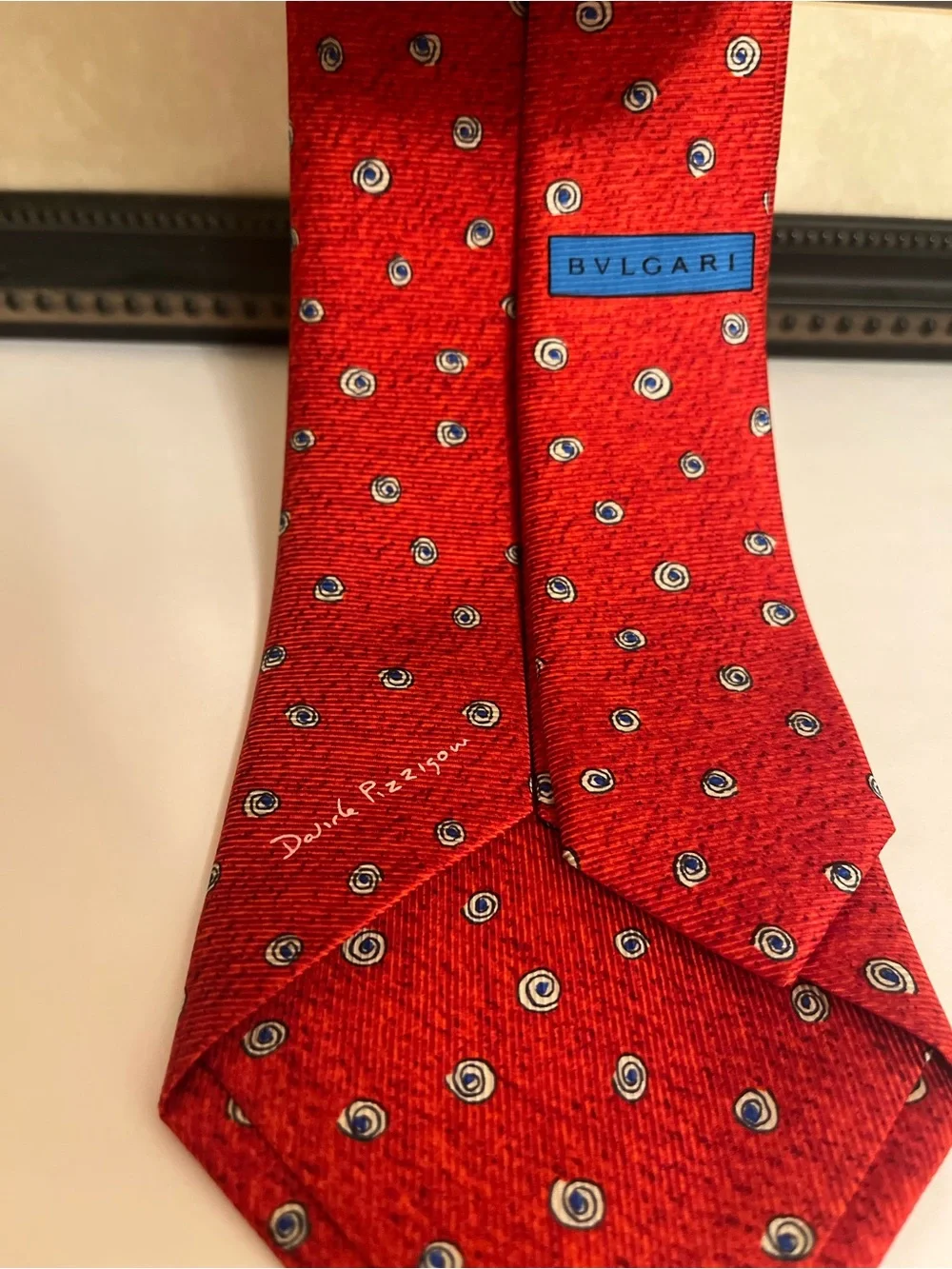 BVLGARI Red Silk Tie with Blue and Ivory Dot Motif - Made in Italy - 3.75” Width